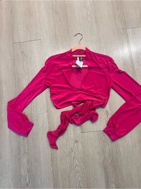 Fuchsia Wrap Tie-Front Long Sleeve Crop Top